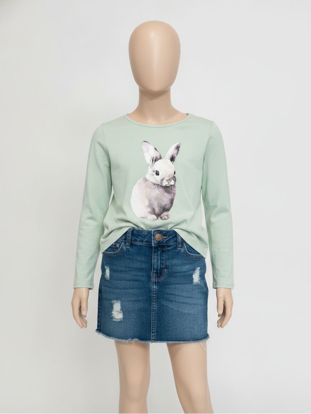 Wonder Nation Denim Skirt and H&M Mint Bunny Graphic Long-Sleeve Tee